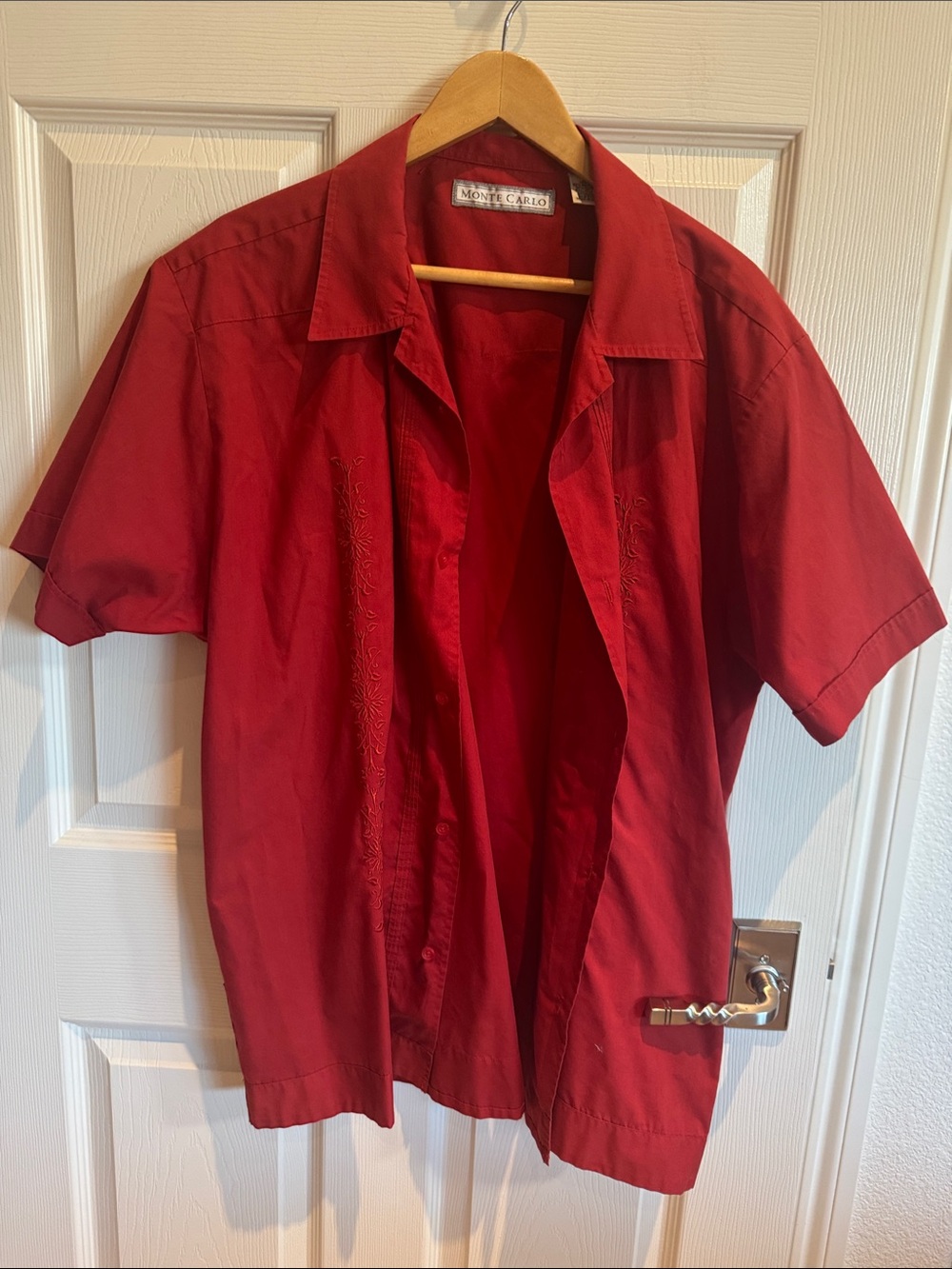 Monte Carlo Red Short Sleeve Button Shirt. Guayabera.